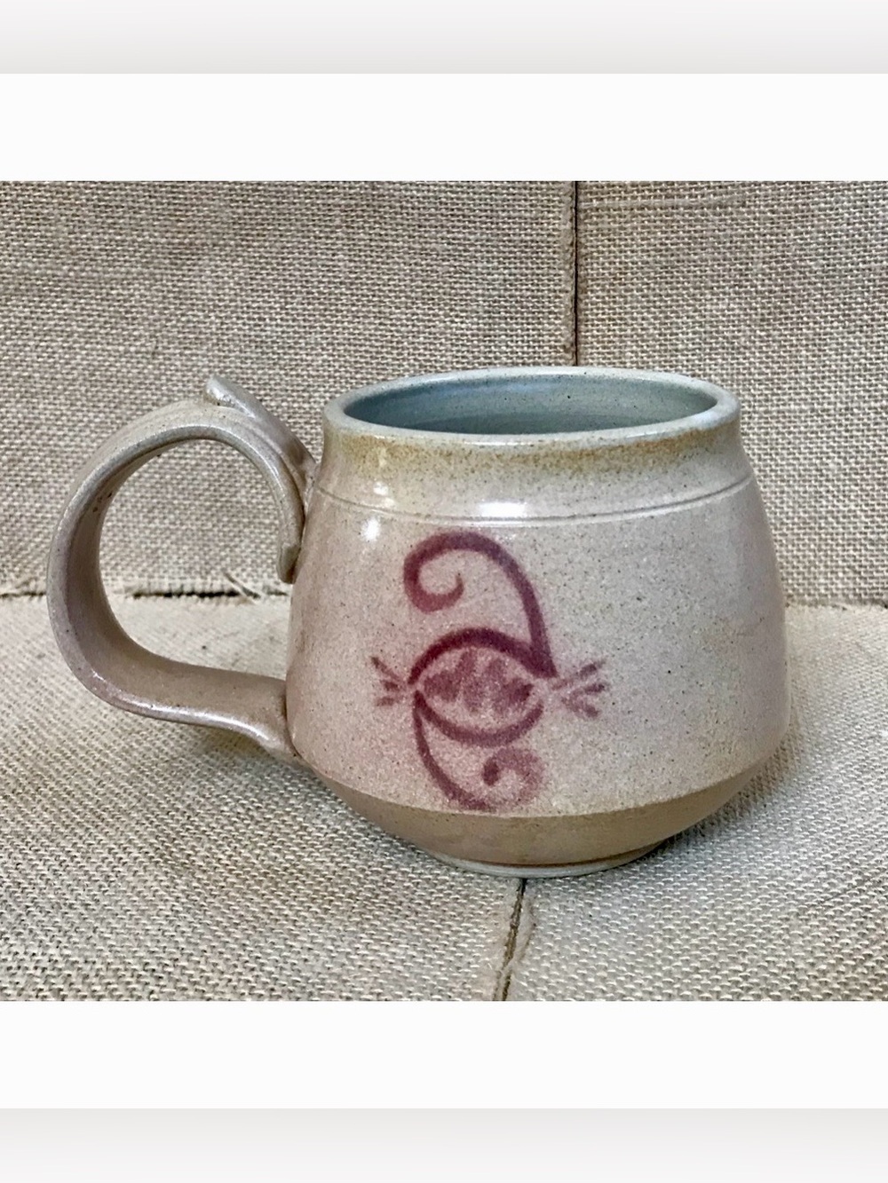 Handmade Pottery Mug Cup Double Spiral Eye Symbol Beige Brown Wide Handle